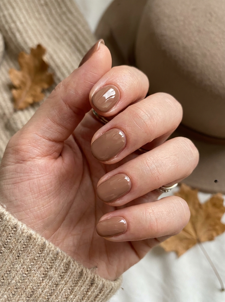 Soft Mocha Gloss Nails auf kurzen ovalen Nägeln im Herbst 2026